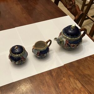 Hand-Painted Blue Ceramic Teapot Set with Creamer and Sugar Bowl